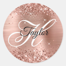 Glitterie Rose Gold Metallic Extravagant Monogram Runder Aufkleber