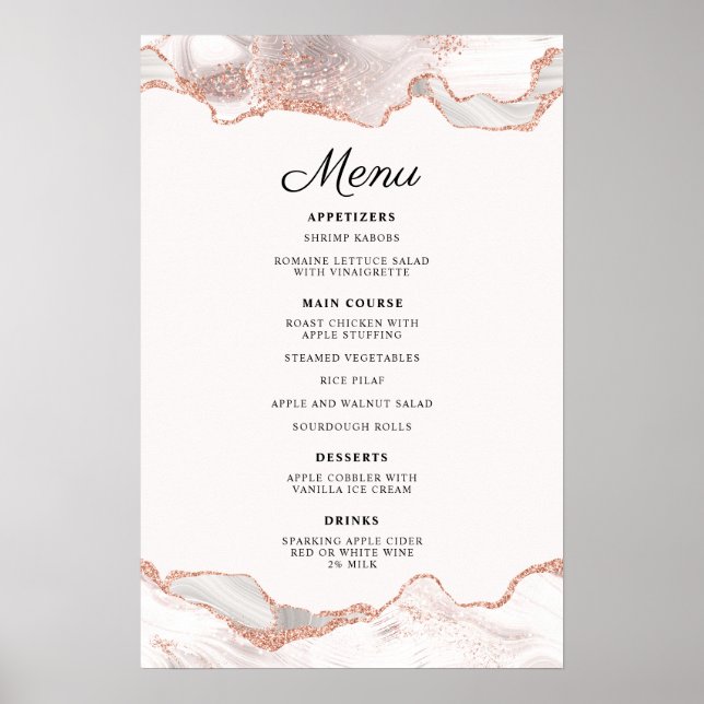 Glitterie Rose Gold White Agate 2 Grenz Menü A4 Poster (Vorne)