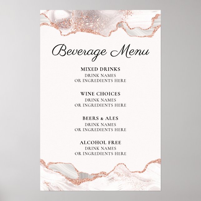 Glitterie Rose Gold White Agate Getränkemenü A4 Poster (Vorne)