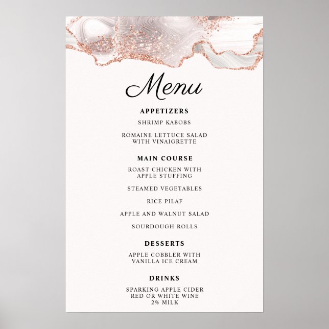 Glitterie Rose Gold White Agate Menü A4 Poster (Vorne)