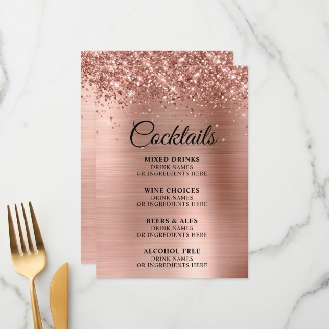 Glitterie Rose Goldene Foil Cocktails Bar Menükarte (Vorderseite/Rückseite Beispiel)