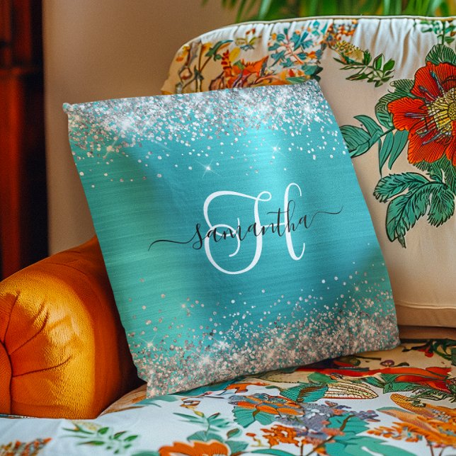 Glitterie Silber und Türkis Blau Mit Monogramm Kissen (Glittery Silver and Turquoise Blue Monogrammed Throw Pillow)