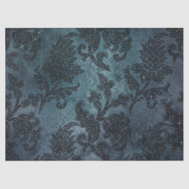 Glitterie-Stencil-Blume über Grün/Blau-Dekoupage Seidenpapier (Vorderseite)