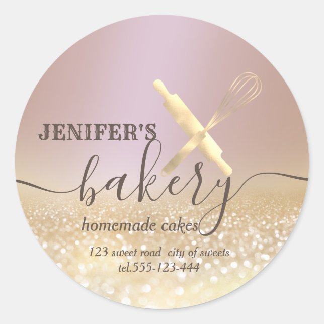 Glitterie Walzen Button & Whisk Koch Skript-Bäcker Runder Aufkleber (Vorderseite)