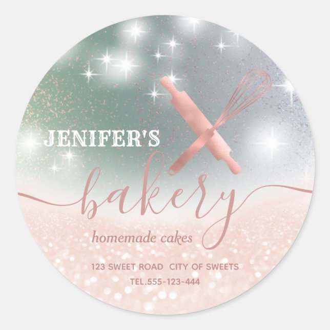 Glitterie Walzen Button & Whisk Koch Skript-Bäcker Runder Aufkleber (Vorderseite)