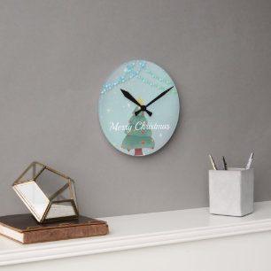 Glittering Blue Background mit Weihnachtsbaum Runde Wanduhr