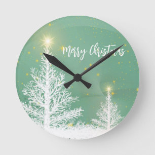 Glittering Blue Background mit Weihnachtsbaum Runde Wanduhr
