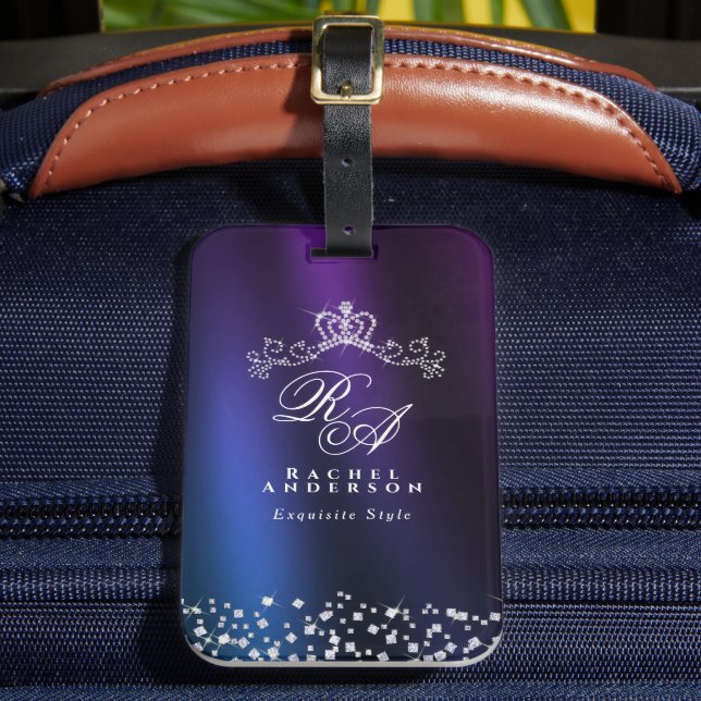 Glittering Crown Monogram Lila Blue Gepäckanhänger (Vorderseite Insitu 2)