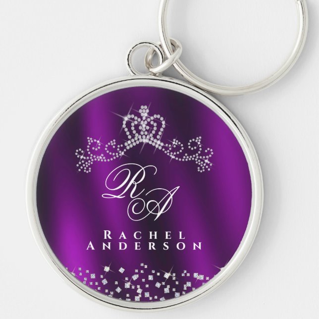 Glittering Crown Monogram Magenta Schlüsselanhänger (Vorne)