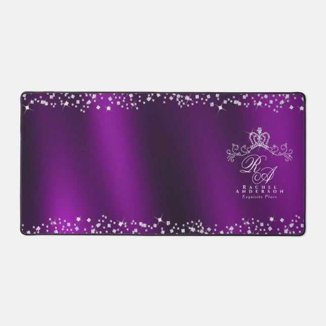 Glittering Crown Monogram Magenta Schreibtischunterlage (Vorderseite)