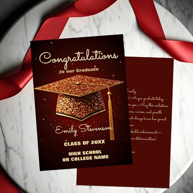 Glittering Graduation Cap and Confetti on Red Karte (Von Creator hochgeladen)
