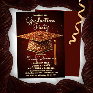 Glittering Graduation Cap & Red Sparkle Confetti Einladung