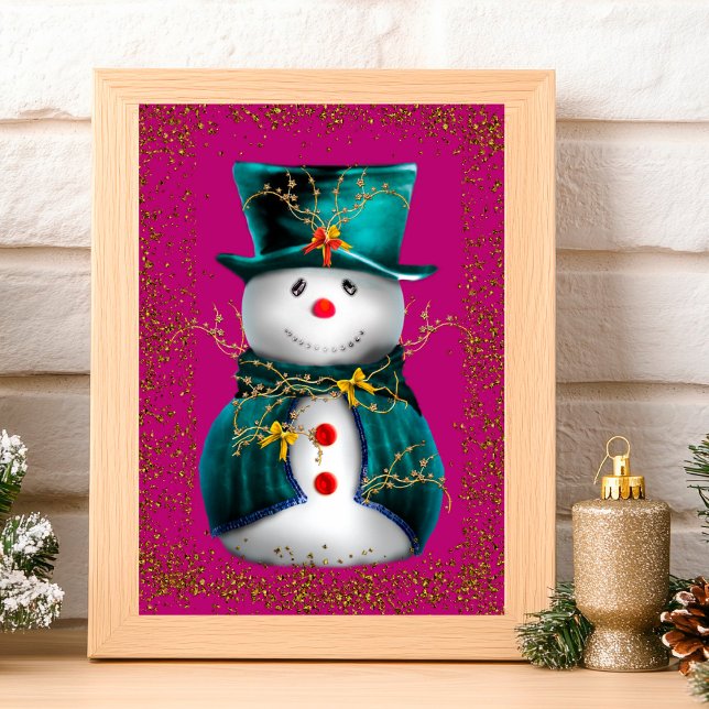Glittering Green Velvet Snowman Pink Christmas Karte (Glittering Green Velvet Snowman Pink Christmas Card by the Olde Christmas Shoppe)