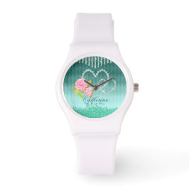 Glittering Hearts Floral Aqua Armbanduhr