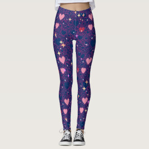 Glittering Hearts Pattern 01 DBlue BG Leggings
