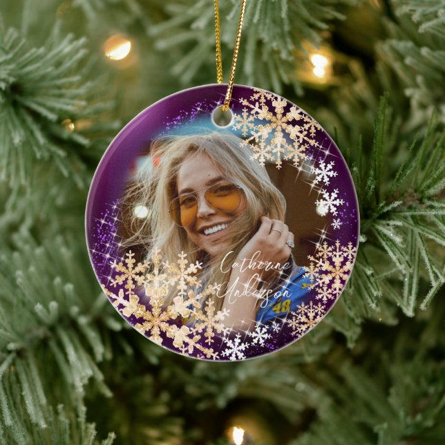 Glittering Schneeflocken Foto Magenta Keramik Ornament (Baum)