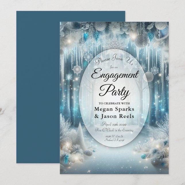 Glittering Snowy Forest Engagement Party Einladung (Vorne/Hinten)