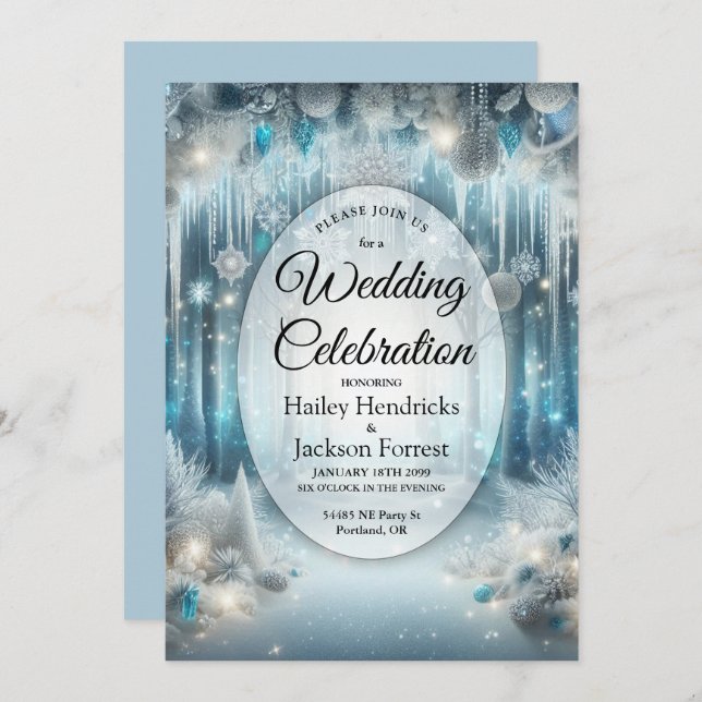 Glittering Snowy Forest Wedding Einladung (Vorne/Hinten)