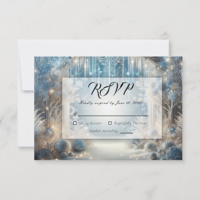 Glittering Snowy Forest Wedding RSVP Karte (Vorderseite)