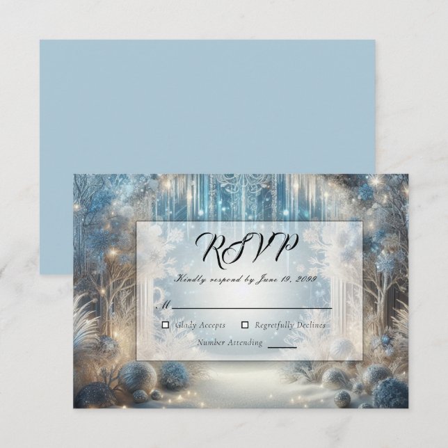 Glittering Snowy Forest Wedding RSVP Karte (Vorne/Hinten)