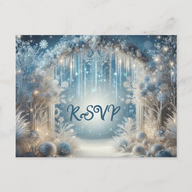 Glittering Snowy Forest Wedding RSVP Postcard Einladungspostkarte (Vorderseite)