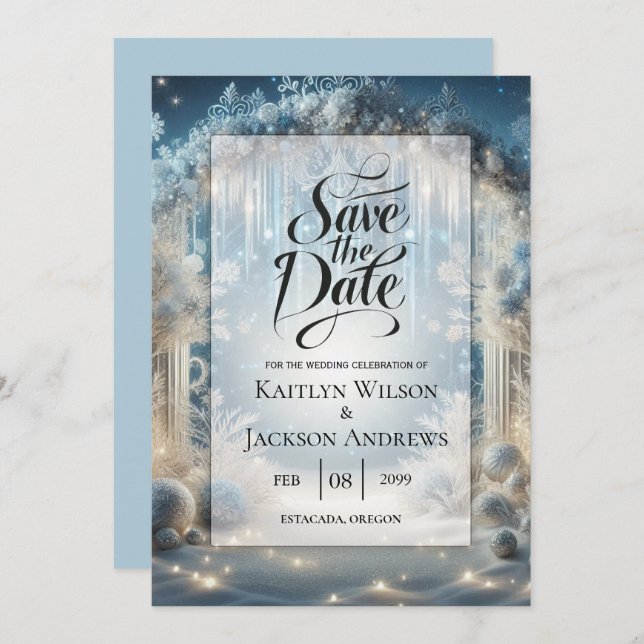 Glittering Snowy Forest Wedding Save The Date (Vorne/Hinten)