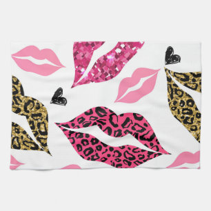 Glitternde Lippen: Leopard-Modedesign Geschirrtuch