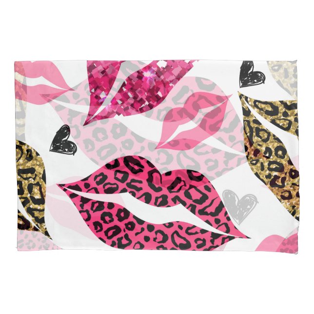 Glitternde Lippen: Leopard-Modedesign Kissenbezug (Vorderseite)