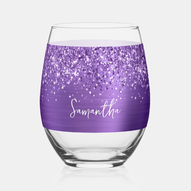 Glittery Amethyst Glam Name Weinglas Ohne Stiel (Vorderseite)