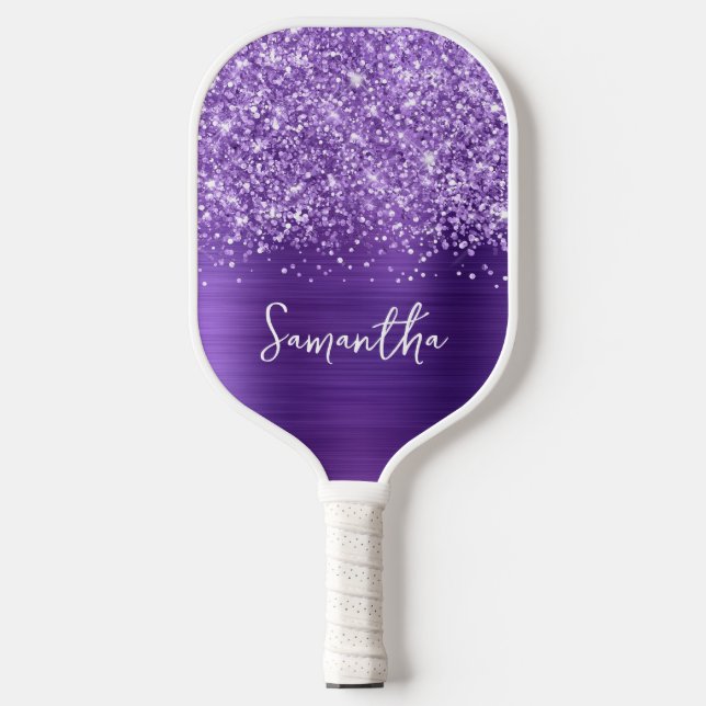 Glittery Amethyst Lila Glam Name Pickleball Schläger (Vorderseite)