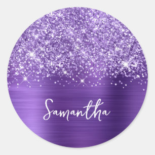 Glittery Amethyst Lila Glam Name Runder Aufkleber