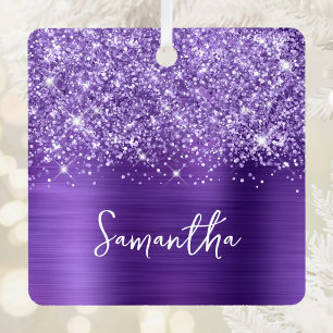 Glittery Amethyst Lila Glam Name Square Foto Ornament Aus Metall