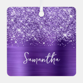 Glittery Amethyst Lila Glam Name Square Foto Ornament Aus Metall