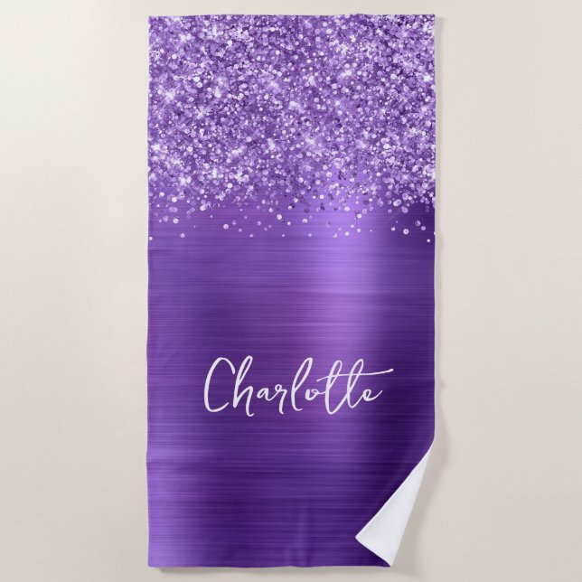 Glittery Amethyst Lila Glam Name Strandtuch (Vorderseite)