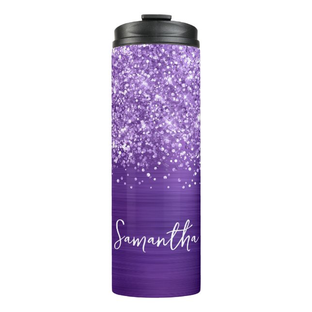 Glittery Amethyst Lila Glam Personalisierter Name Thermosbecher (Vorderseite)