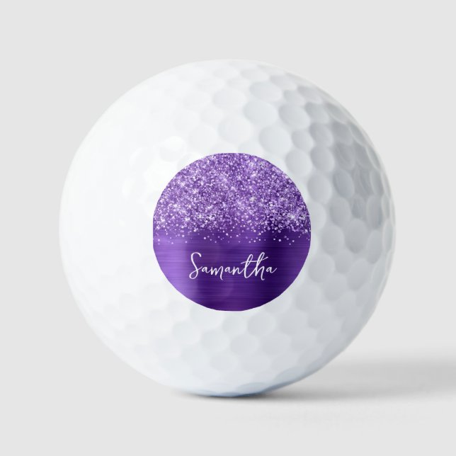 Glittery Amethyst Lila Glam Script Name Golfball (Vorderseite)