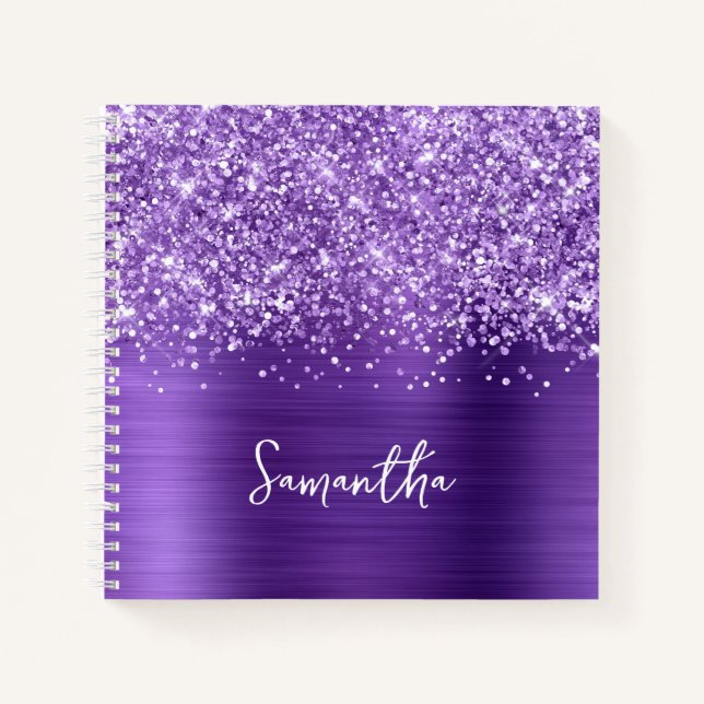 Glittery Amethyst Purple Glam Script Name Notizbuch (Vorderseite)