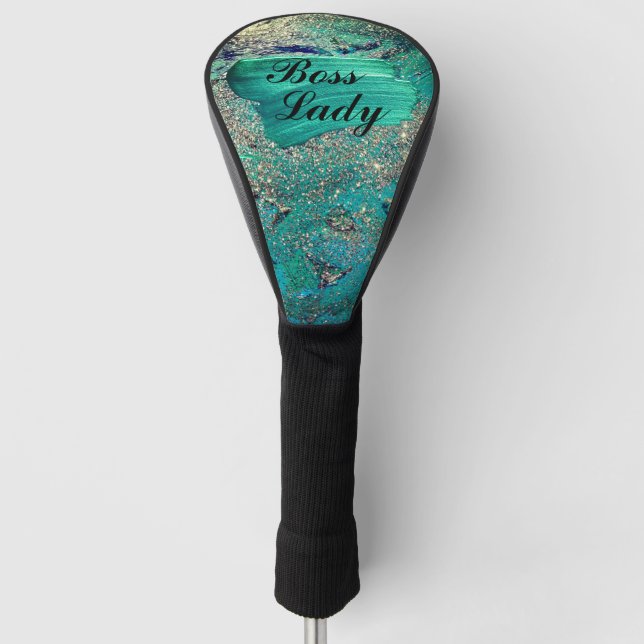 Glittery Aqua Paint Strokes Boss Lady Golf Headcover (Vorderseite)