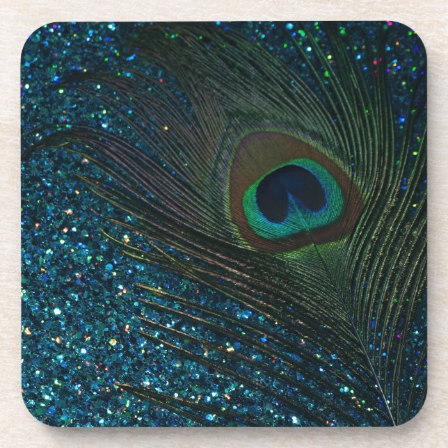 Glittery Aqua Peacock Getränkeuntersetzer (Vorderseite)