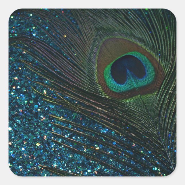 Glittery Aqua Peacock Quadratischer Aufkleber (Vorderseite)