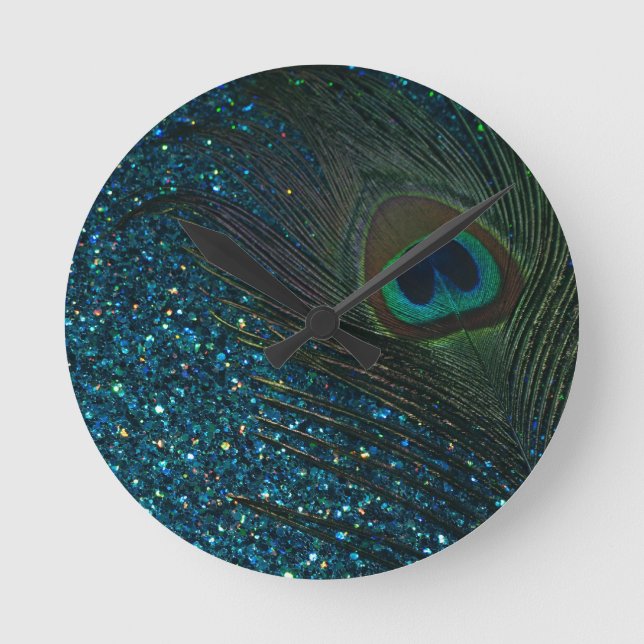 Glittery Aqua Peacock Runde Wanduhr (Vorderseite)