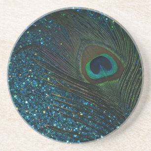 Glittery Aqua Peacock Sandstein Untersetzer
