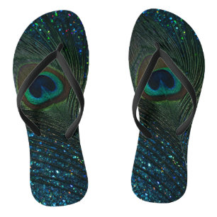 Glittery Aqua-Pfau-Feder Flip Flops