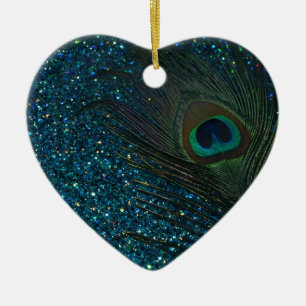 Glittery Aqua-Pfau Keramikornament