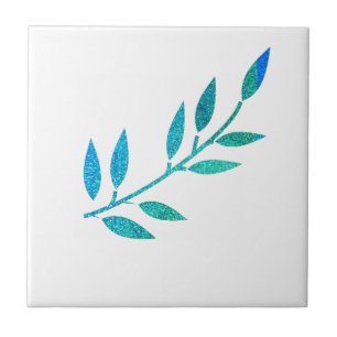 Glittery Aquamarin Blue Leaf Muster Weiße Geschenk Fliese