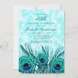 Glittery Aquamarin Blue Peacock Feathers 40. Einladung