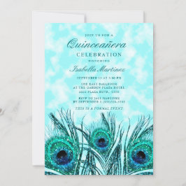 Glittery Aquamarin Blue Peacock Feathers Quinceañe Einladung