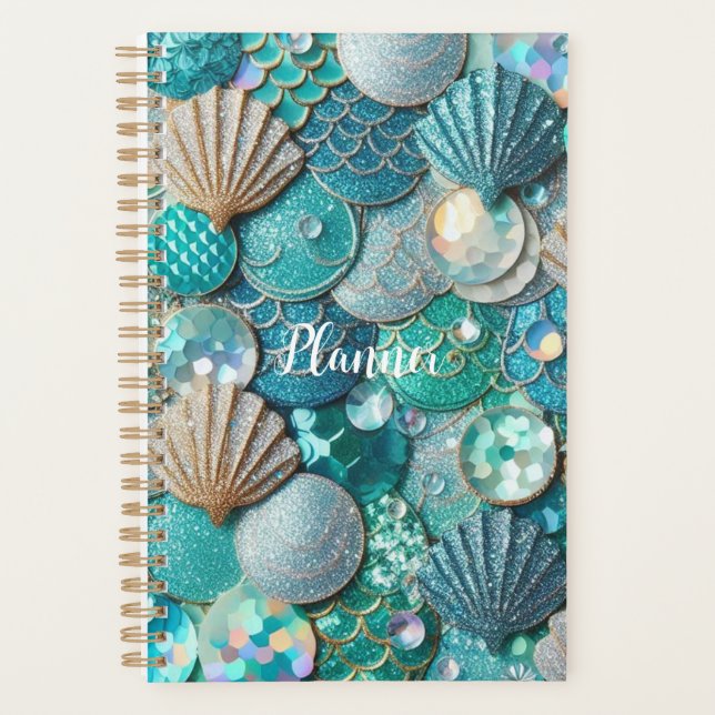 Glittery Aquamarin Mermaid Schwanz Scales drucken Planer (Vorderseite)