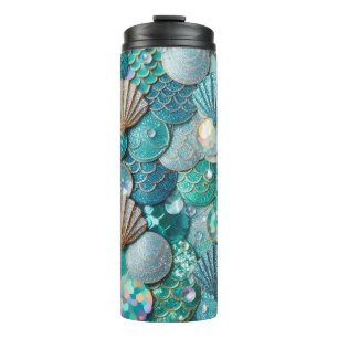 Glittery Aquamarin Mermaid Schwanz Scales drucken Thermosbecher