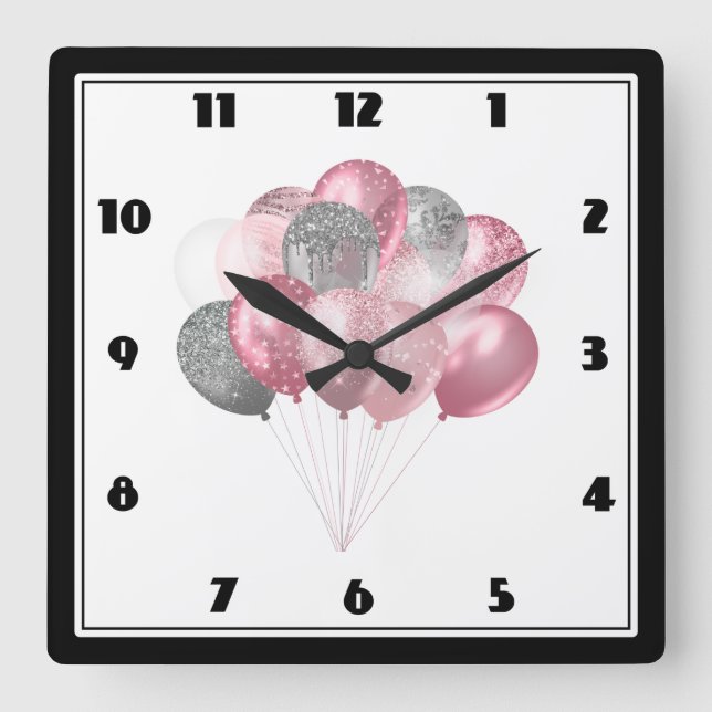 Glittery Balloon Bunch in Pink und Silver Quadratische Wanduhr (Vorderseite)